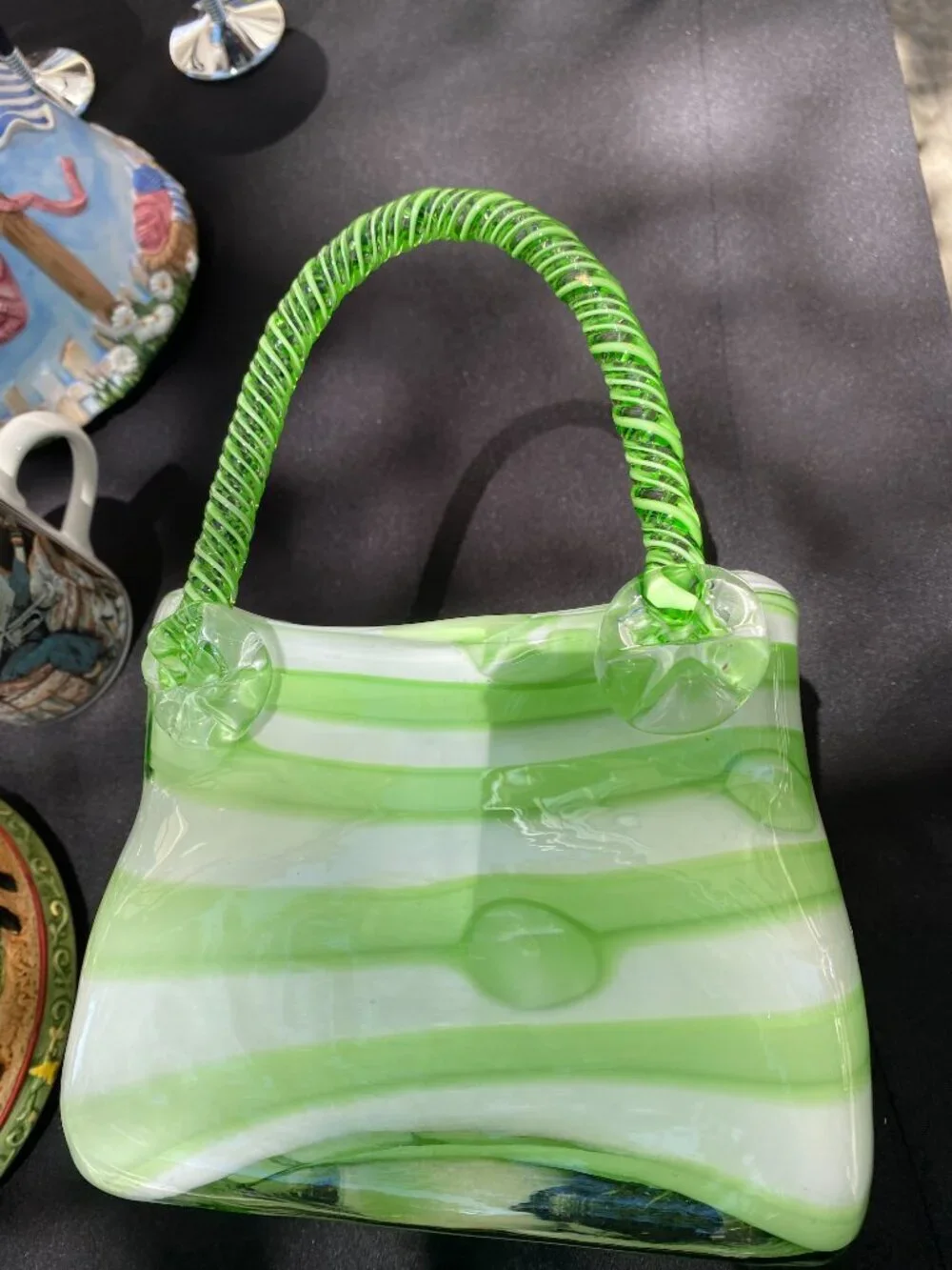 “Vintage Murano Style Glass Purse Vase – Green & White Striped Handbag Vase | Re